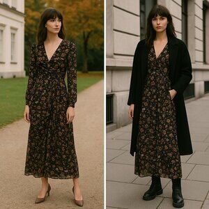 Rag & Bone Women Sheer Maxi Dress Floral Black 8 Boho Quiet Luxury Fall Layered